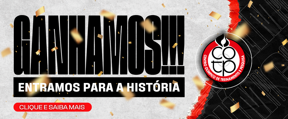 Na imagem, banner com o brasão do Centro Olímpico de Treinamento e Pesquisa sobre a participação dos atletas do COTP em uma ação de embaixadinhas que entrou para o Guinness World Records.
