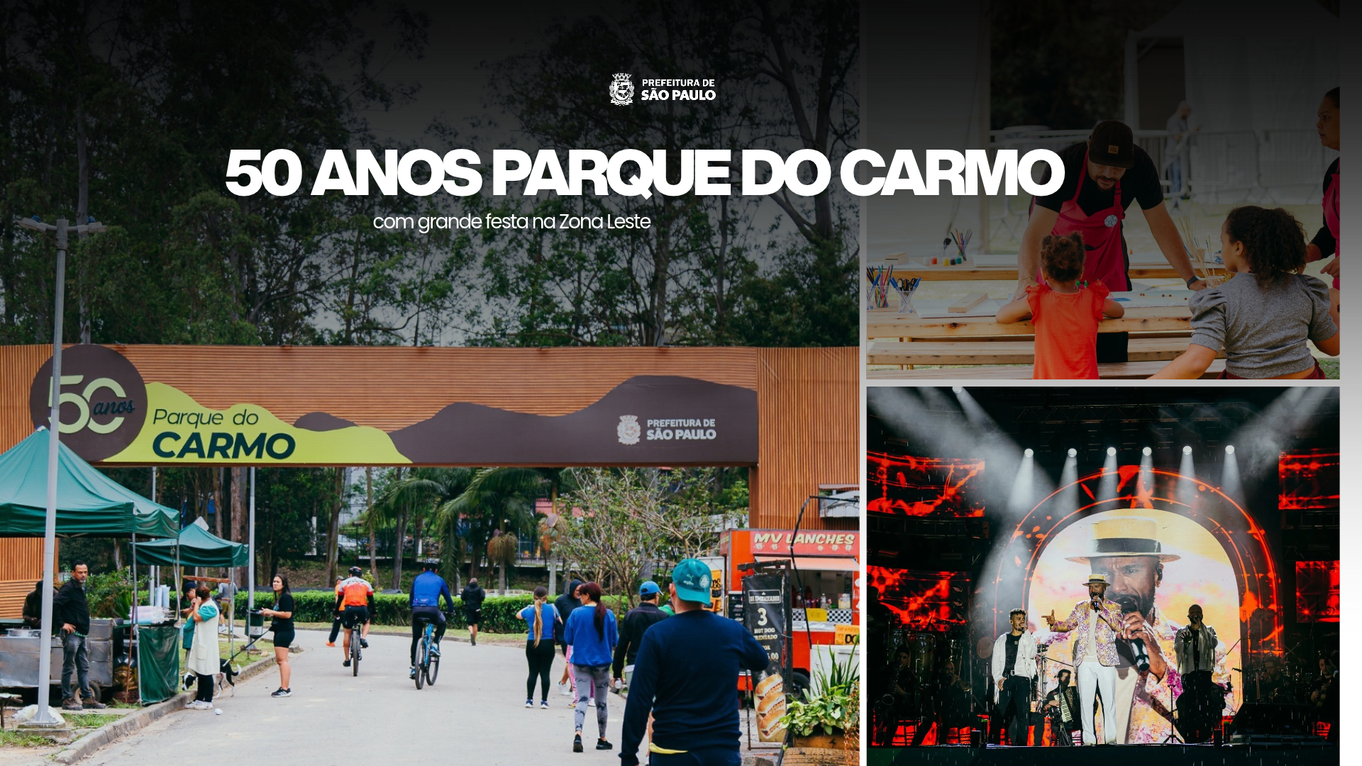  imagem apresenta um cartaz comemorativo dos 50 anos do Parque do Carmo, destacando uma grande festa realizada na Zona Leste de São Paulo, promovida pela Prefeitura de São Paulo.   A composição visual está dividida em três partes principais:À esquerda: A entrada principal do Parque do Carmo, sinalizada com uma placa comemorativa dos 