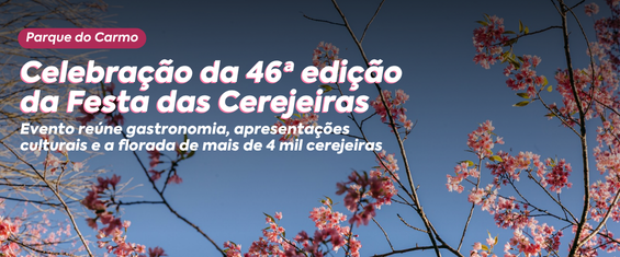 Card de divulgação da 46ª edição da Festa das Cerejeiras, realizada no Parque do Carmo. A imagem mostra galhos de cerejeiras repletos de flores cor-de-rosa em primeiro plano, contrastando com o céu azul ao fundo. Sobre a fotografia, aparecem os textos: 