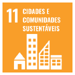 A imagem mostra o ícone da ODS 11 “cidades e comunidades sustentáveis”, representada por um ícone amarelo, com o desenho de prédios e casas brancas