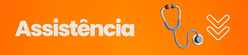 Banner superior com fundo branco, escrito em azul Assistência e uma ilustração de um estetoscópio à direita. O banner possui ainda uma barra azul inferior e um contorno dos principais monumentos da cidade de São Paulo.