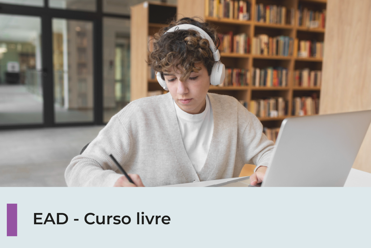 A imagem mostra uma pessoa estudando, com caderno e computador portátil. Abaixo uma faixa e um texto escrito 