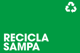 Descrição: Imagem com fundo verde. No canto superior direito, há o símbolo internacional de reciclagem (três setas curvadas formando um triângulo) na cor branca. O texto 